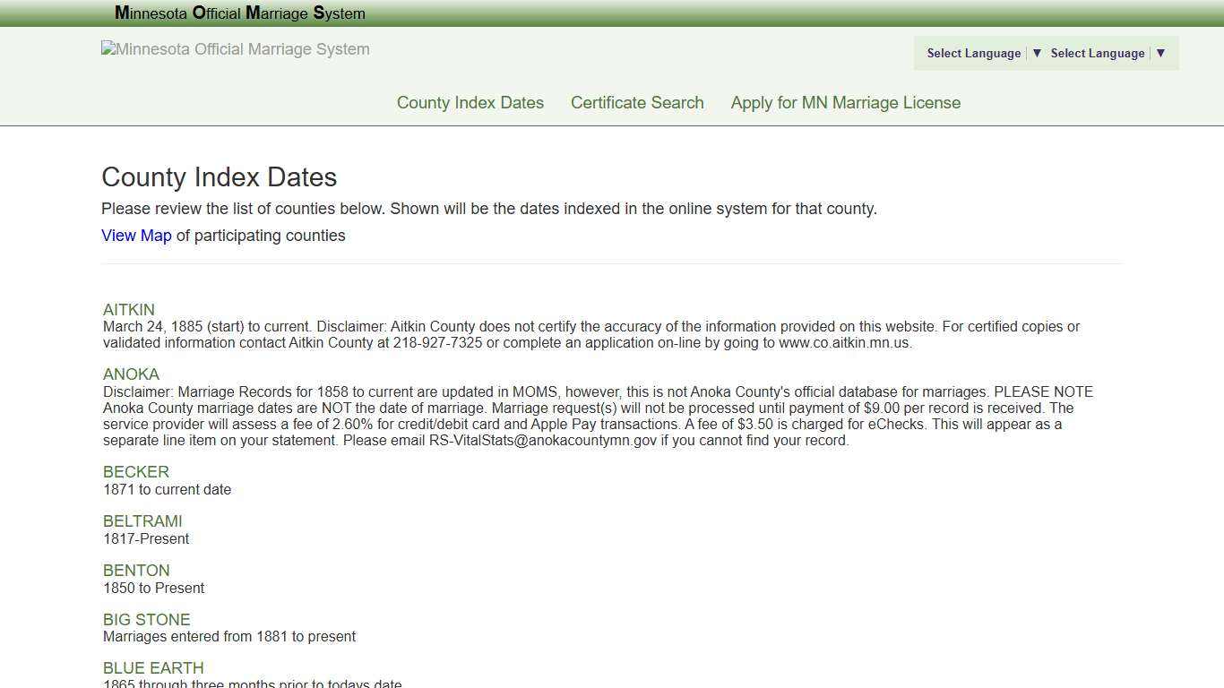 County Index Dates - MACO/MOMS®